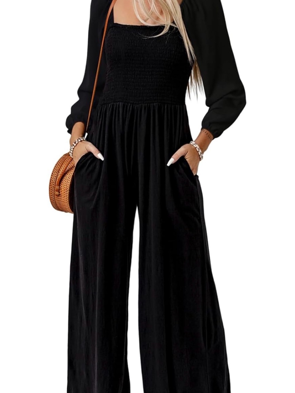 Smocked Black Long-Sleeve Wide-Leg Jumpsuit